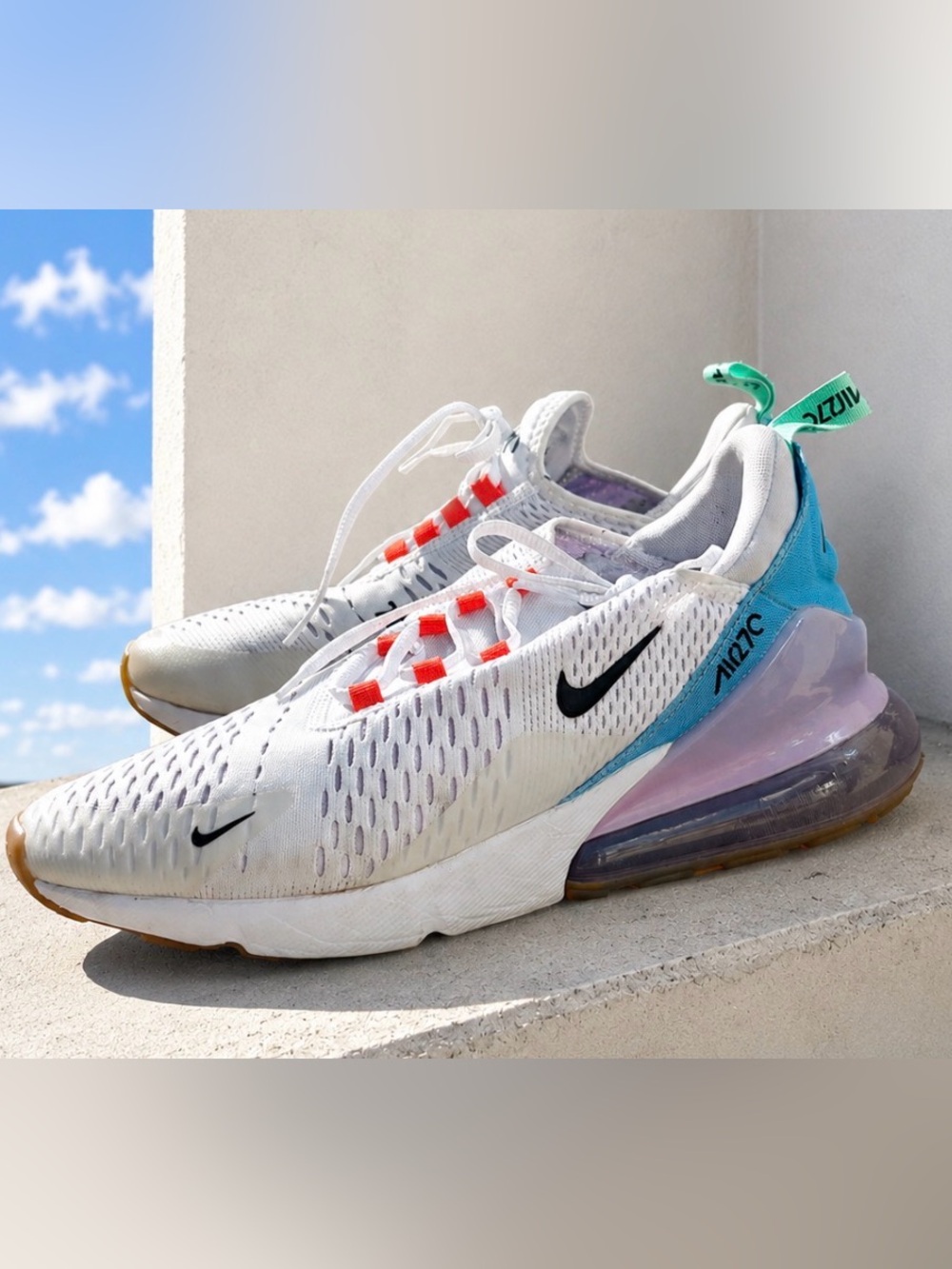 Nike White Air Max 270 with Black Swoosh & Blue Heel Accents